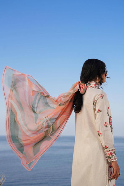 SANA SAFINAZ 3 Piece Unstitched Front Embroidered Kali On Lawn Shirt with Printed Silver Chiffon Dupatta - M241-010A-3CJ