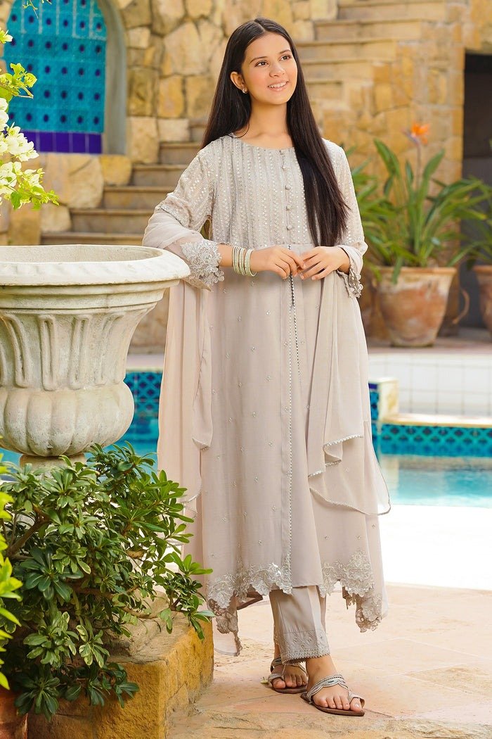 Ochre Clothing Stitched Kid’s Chiffon Hand Adda Work 3 Pc Suit - OFW-MAX-17