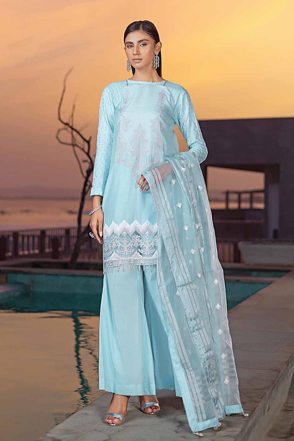 Gul Ahmed 3PC Embroidered Cotton Silk Unstitched Suit with Embroidered Organza Stripe Dupatta PM-32070