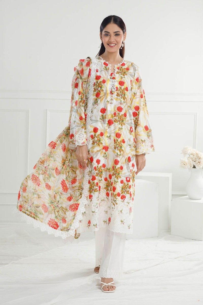 Gul Ahmed 3 Piece Unstitched Embroidered Printed Lawn Suit with Printed Chiffon Dupatta PR-52006