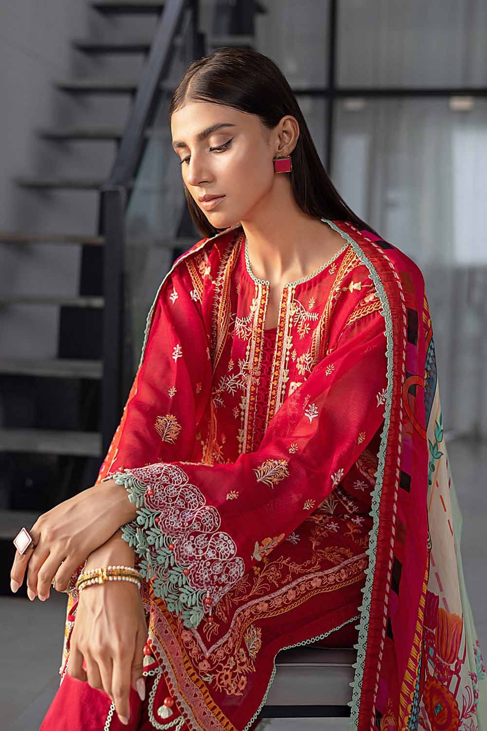 Gul Ahmed 3PC Embroidered Net Unstitched Suit with Digital Printed Silk Dupatta SSM-32006