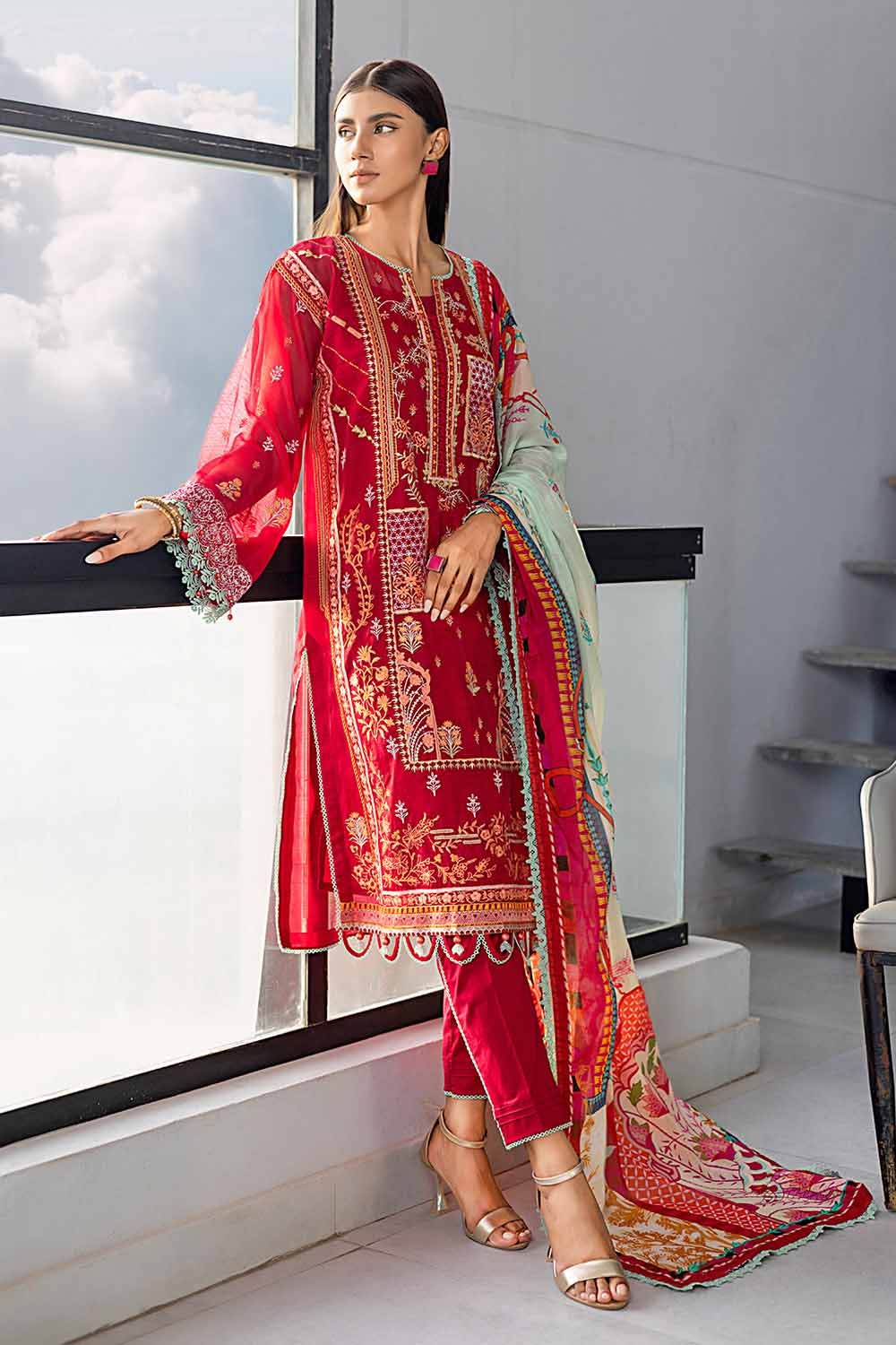Gul Ahmed 3PC Embroidered Net Unstitched Suit with Digital Printed Silk Dupatta SSM-32006