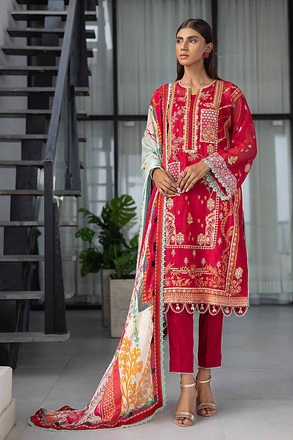 Gul Ahmed 3PC Embroidered Net Unstitched Suit with Digital Printed Silk Dupatta SSM-32006