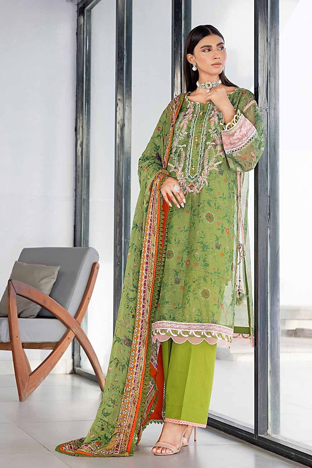 Gul Ahmed 3PC Embroidered Digital Printed Cotton Net Unstitched Suit with Digital Printed Silk Dupatta with Lace SSM-32031