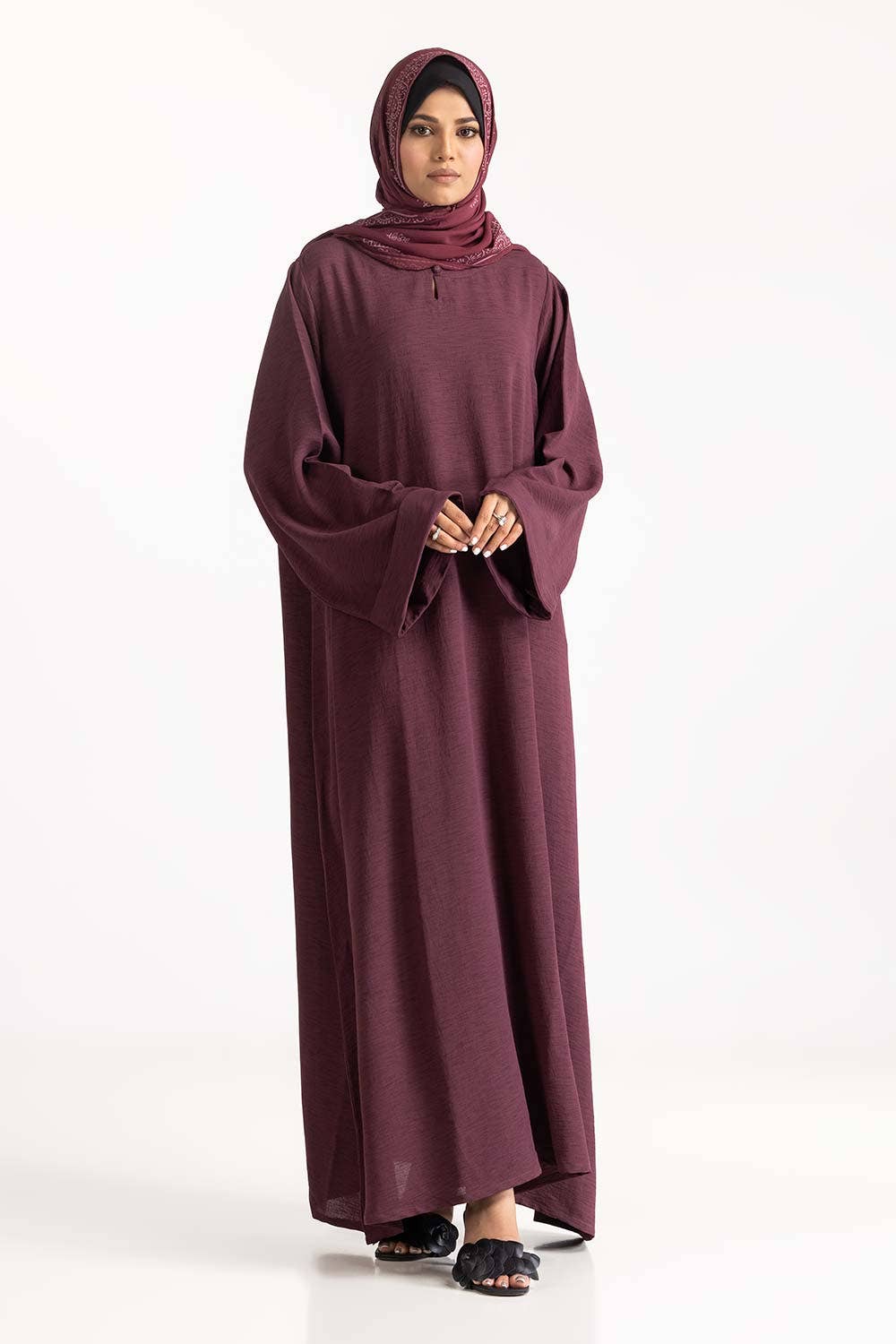Gul Ahmed 02 Piece Stitched Nisa Georgette Dyed Abaya And Block Print Wool Chiffon Scarf WGB-KAB-22062