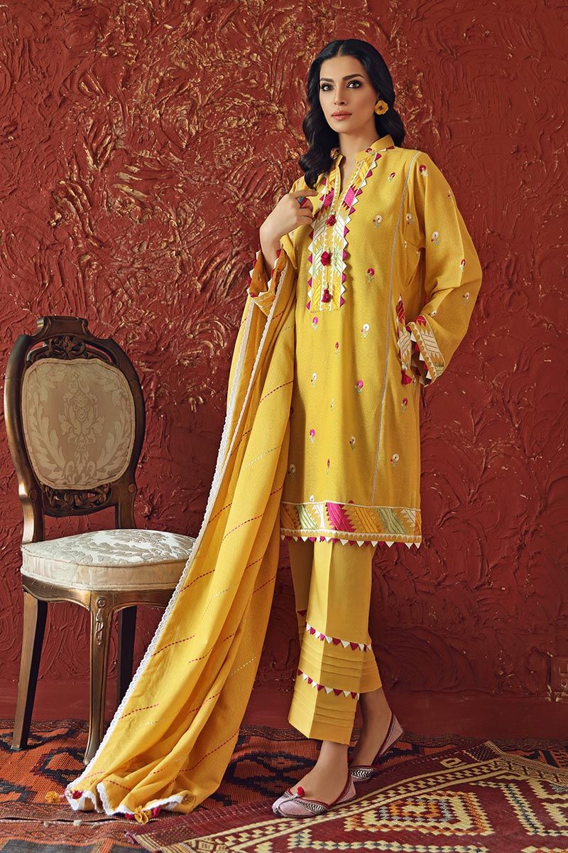 Gul Ahmed 3 PC Unstitched Embroidered Suit with Karandi Dupatta ADE-02