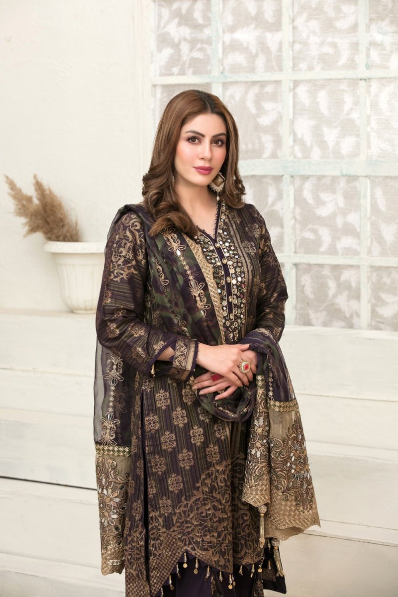 Tawakkal Fabrics 3 Piece Stitched Rangoli Shirt with Fancy Mirror Handwork Embroidery Suit D-6047