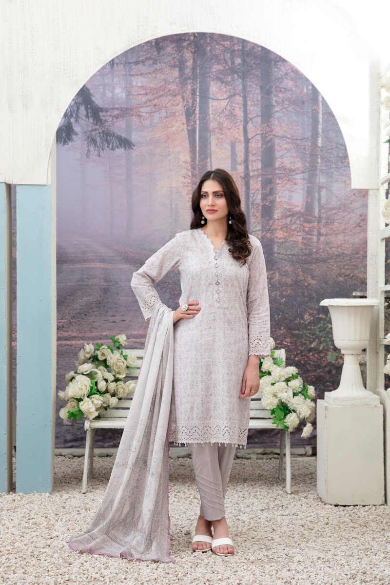 Tawakkal Fabrics 3 Piece Stitched Schiffli Daman Embroidered Digital Printed Lawn Suit D-6729