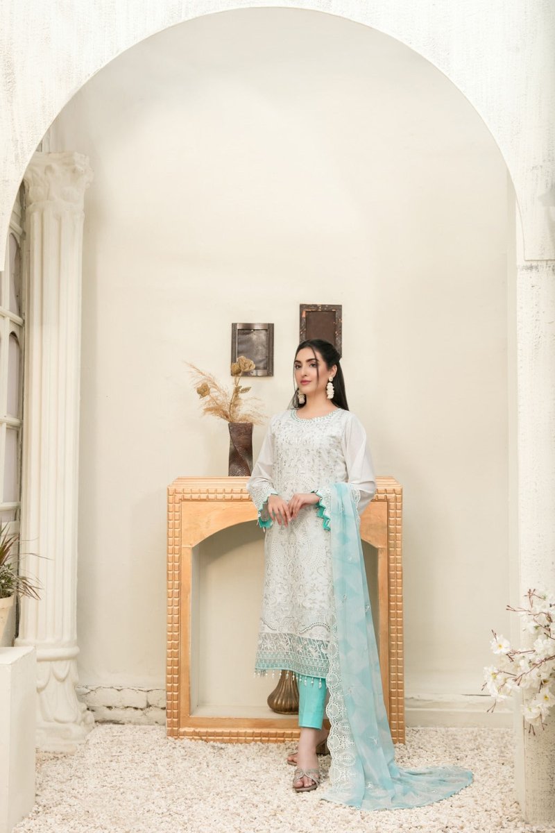 Tawakkal Fabrics 3 Piece Stitched Embroidered White Cotton Suit D-6820