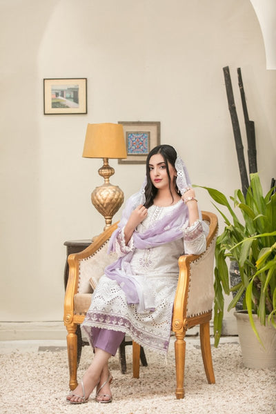 Tawakkal Fabrics 3 Piece Stitched Embroidered White Cotton Suit D-6821