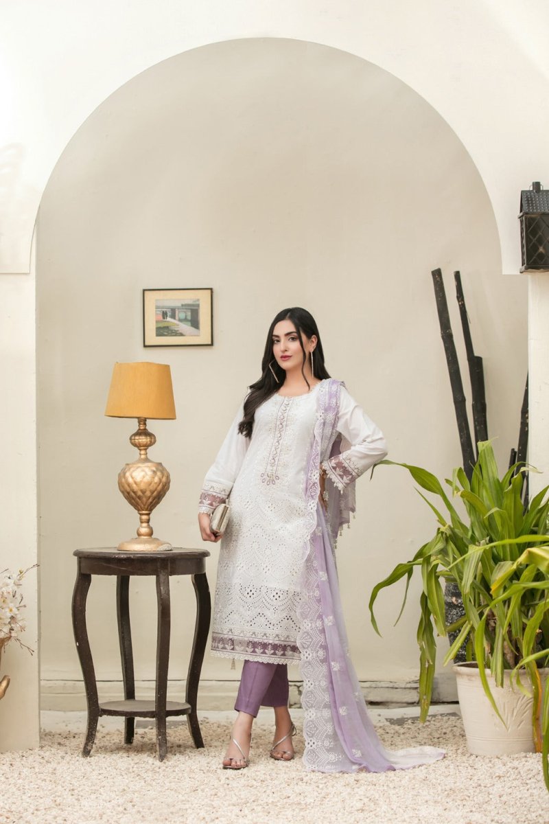 Tawakkal Fabrics 3 Piece Stitched Embroidered White Cotton Suit D-6821