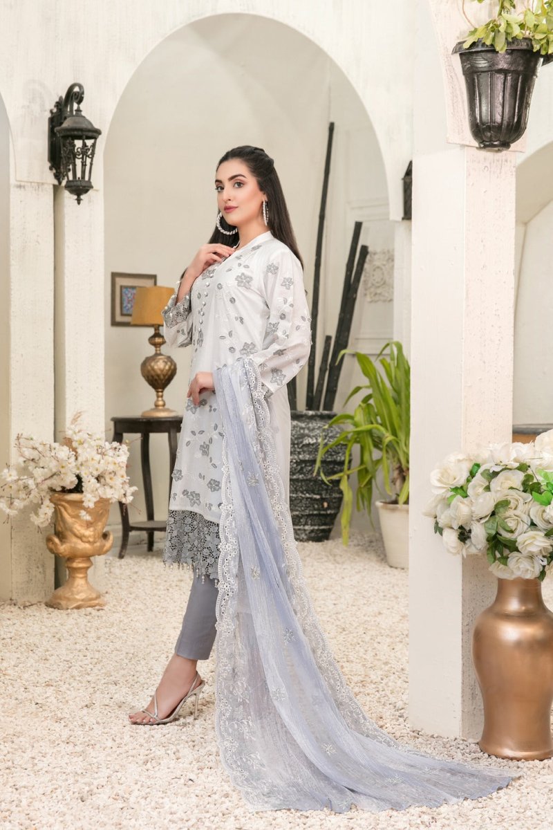 Tawakkal Fabrics 3 Piece Stitched Embroidered White Cotton Suit D-6825