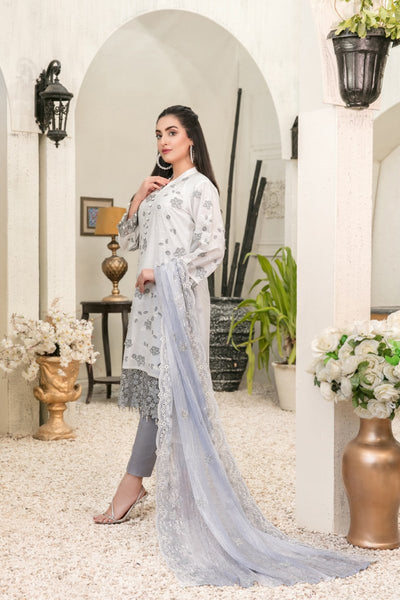 Tawakkal Fabrics 3 Piece Stitched Embroidered White Cotton Suit D-6825