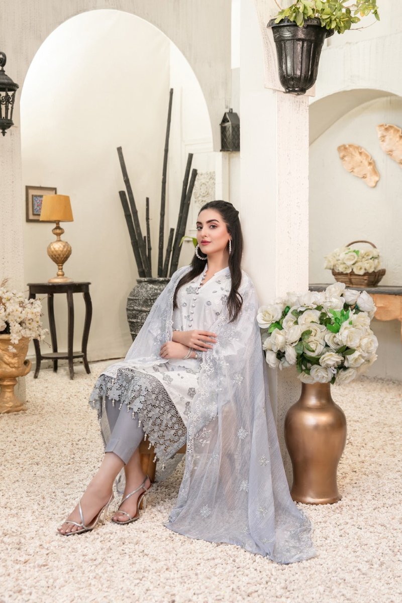 Tawakkal Fabrics 3 Piece Stitched Embroidered White Cotton Suit D-6825