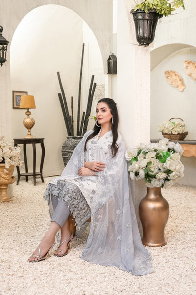 Tawakkal Fabrics 3 Piece Stitched Embroidered White Cotton Suit D-6825
