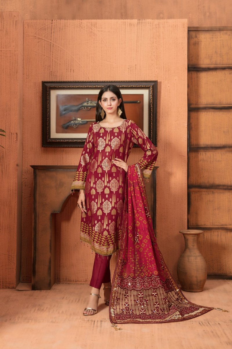 Tawakkal Fabrics 3 Piece Stitched Lawn Banarsi Suit D-6850