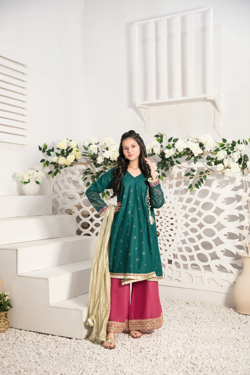 Tawakkal Fabrics Kid’s Collection 3 Piece Fancy Heavy Embroidered Suit - D-7000