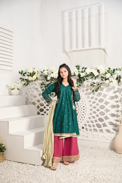 Tawakkal Fabrics Kid’s Collection 3 Piece Fancy Heavy Embroidered Suit - D-7000