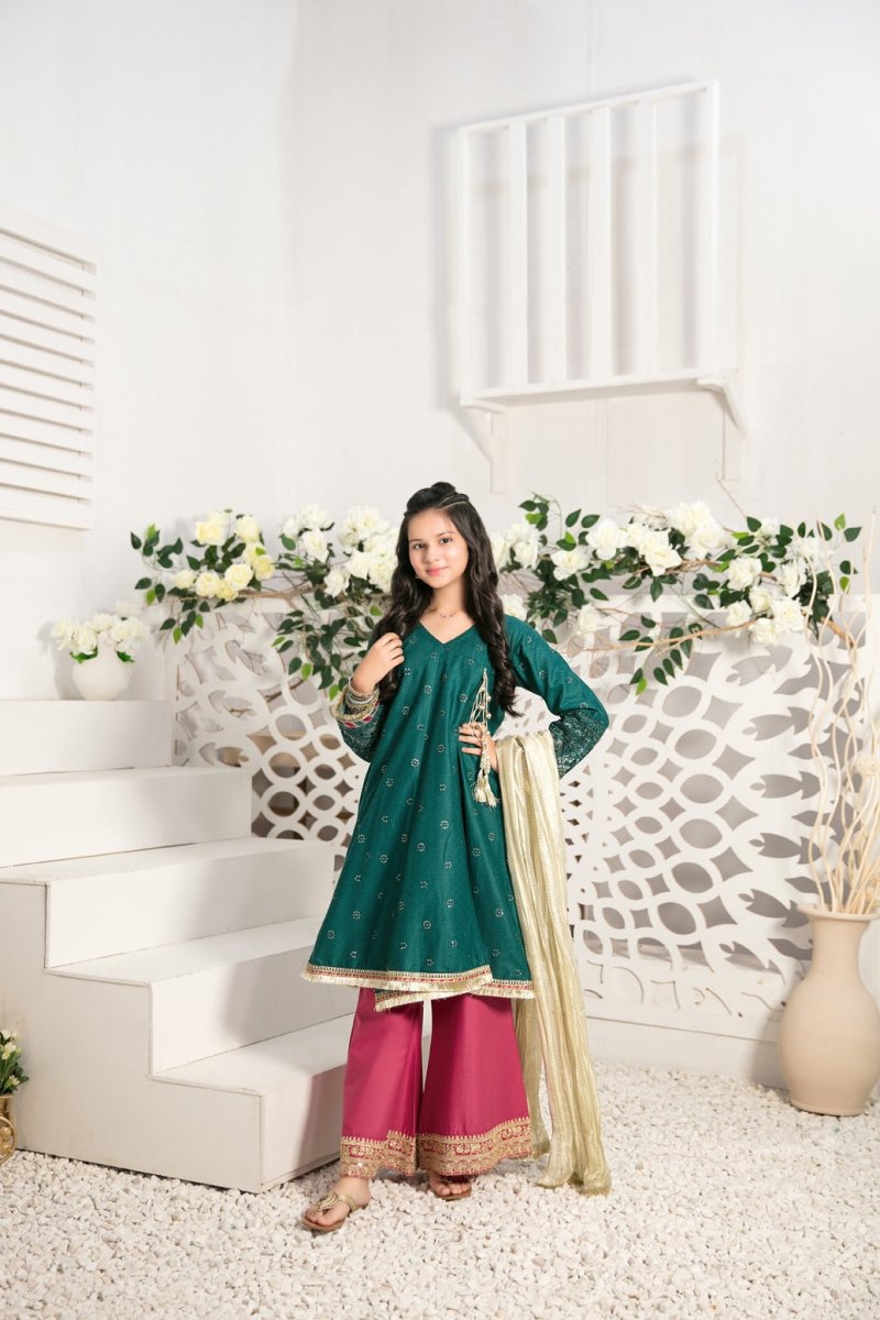 Tawakkal Fabrics Kid’s Collection 3 Piece Fancy Heavy Embroidered Suit - D-7000