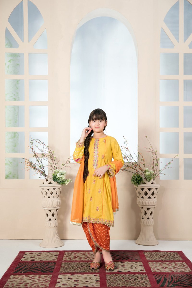 Tawakkal Fabrics Kid’s Collection 3 Piece Fancy Heavy Embroidered Suit - D-7005