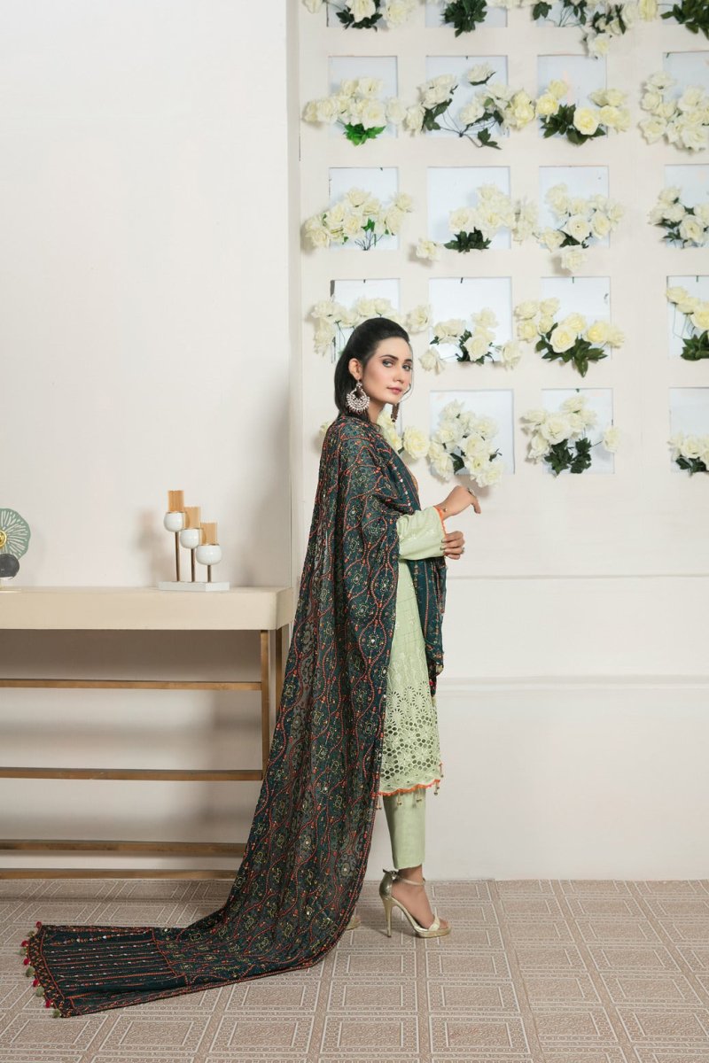 Tawakkal Fabrics 3 Piece Stitched Slub Lawn Schiffli Front & Slub Lawn Back & Sleeves with Patchwork Embroidery Suit D-7190