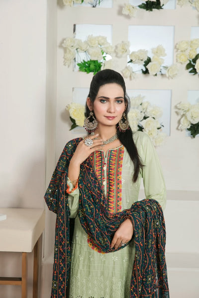 Tawakkal Fabrics 3 Piece Stitched Slub Lawn Schiffli Front & Slub Lawn Back & Sleeves with Patchwork Embroidery Suit D-7190