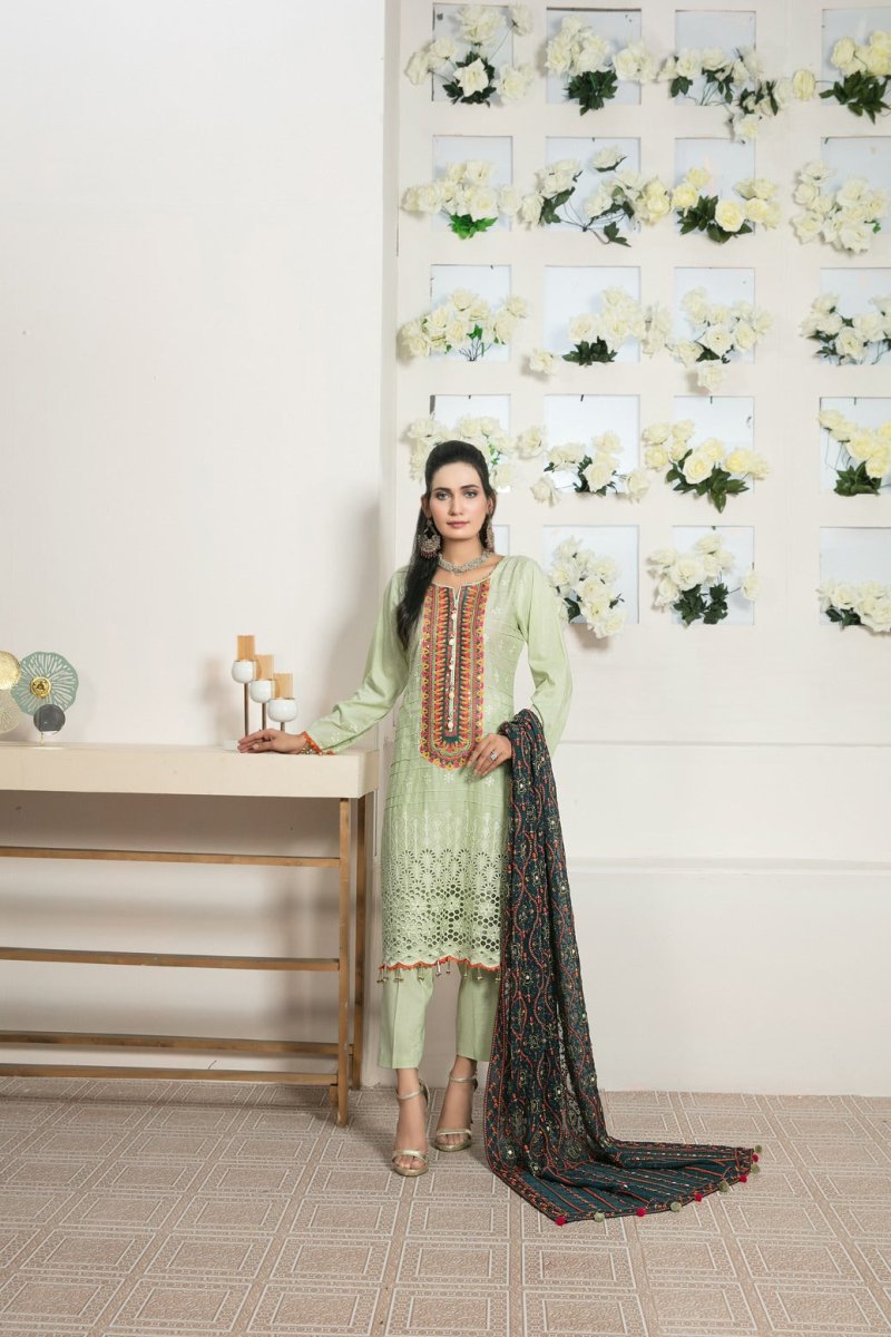 Tawakkal Fabrics 3 Piece Stitched Slub Lawn Schiffli Front & Slub Lawn Back & Sleeves with Patchwork Embroidery Suit D-7190