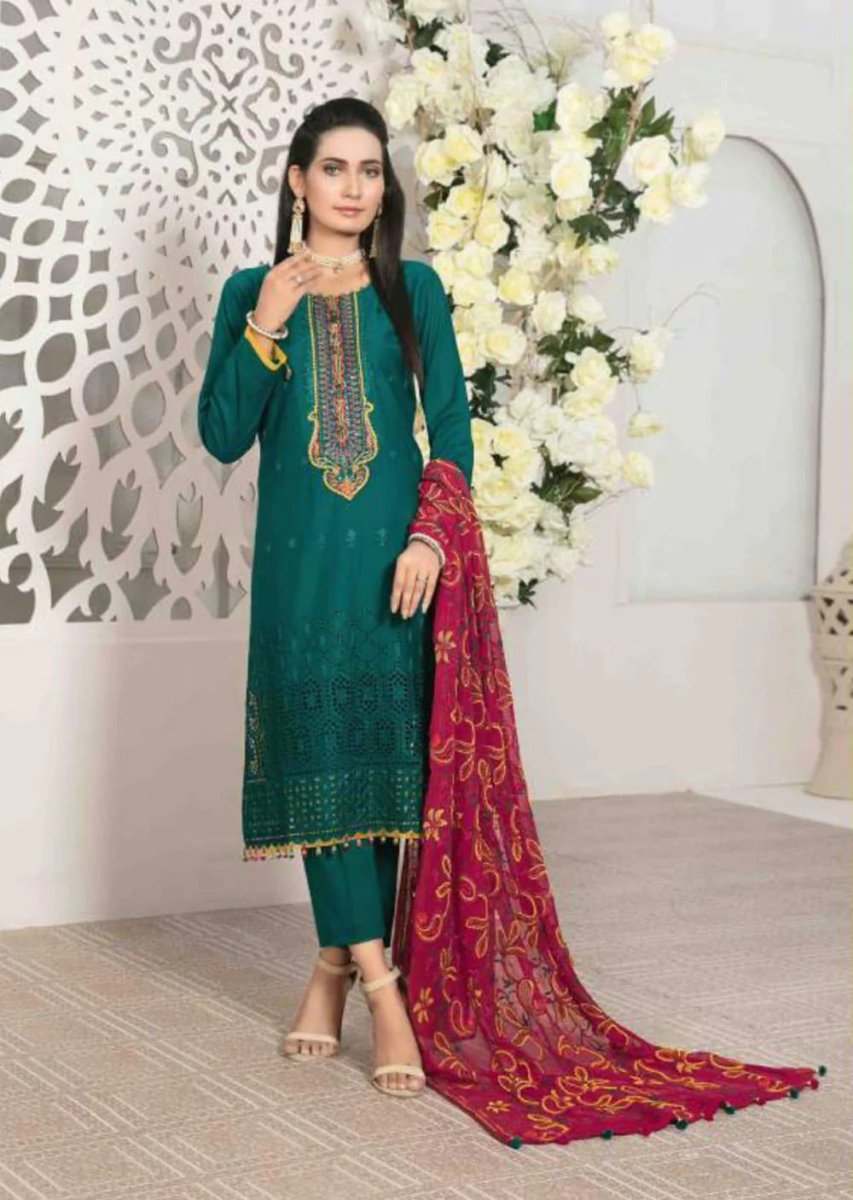 Tawakkal Fabrics 3 Piece Stitched Slub Lawn Schiffli Front & Slub Lawn Back & Sleeves with Patchwork Embroidery Suit D-7195