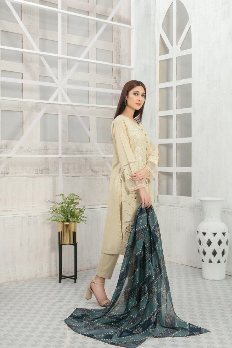 Tawakkal Fabrics 3 Piece Stitched Schiffli Embroidered Lawn Suit D-7416