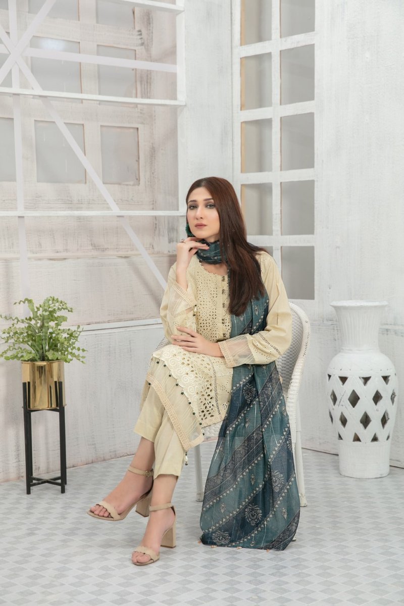 Tawakkal Fabrics 3 Piece Stitched Schiffli Embroidered Lawn Suit D-7416