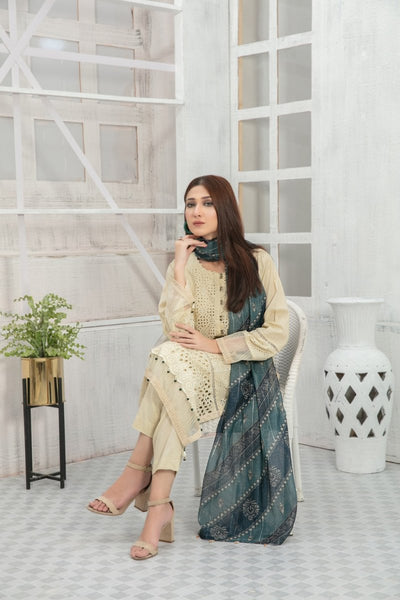 Tawakkal Fabrics 3 Piece Stitched Schiffli Embroidered Lawn Suit D-7416