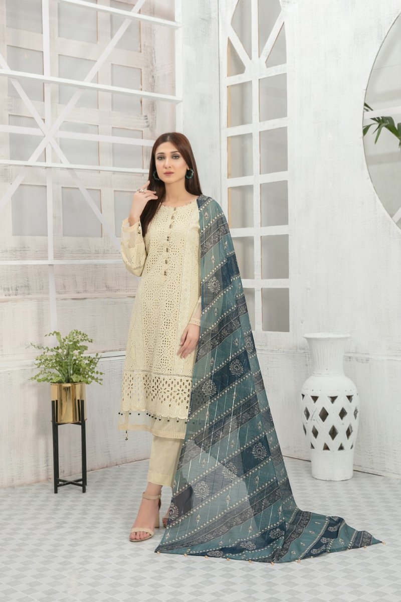 Tawakkal Fabrics 3 Piece Stitched Schiffli Embroidered Lawn Suit D-7416