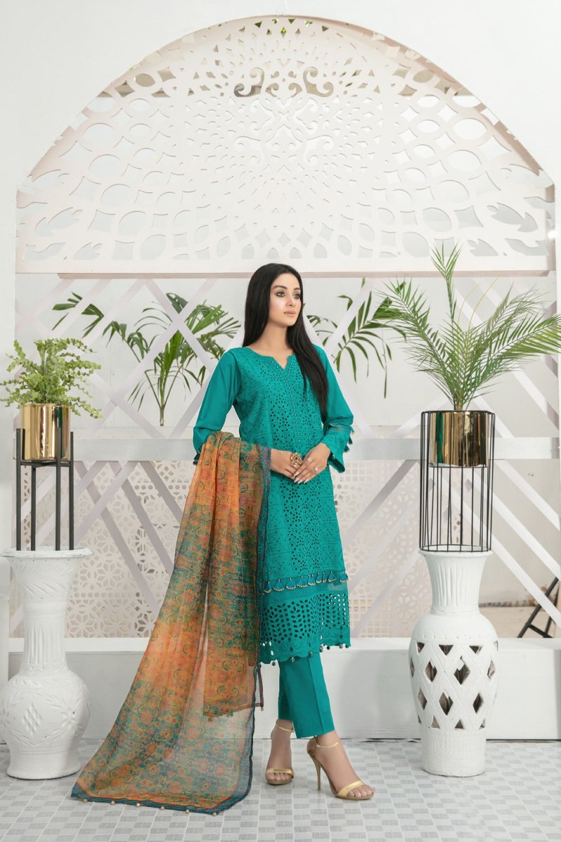 Tawakkal Fabrics 3 Piece Stitched Schiffli Embroidered Lawn Suit D-7420