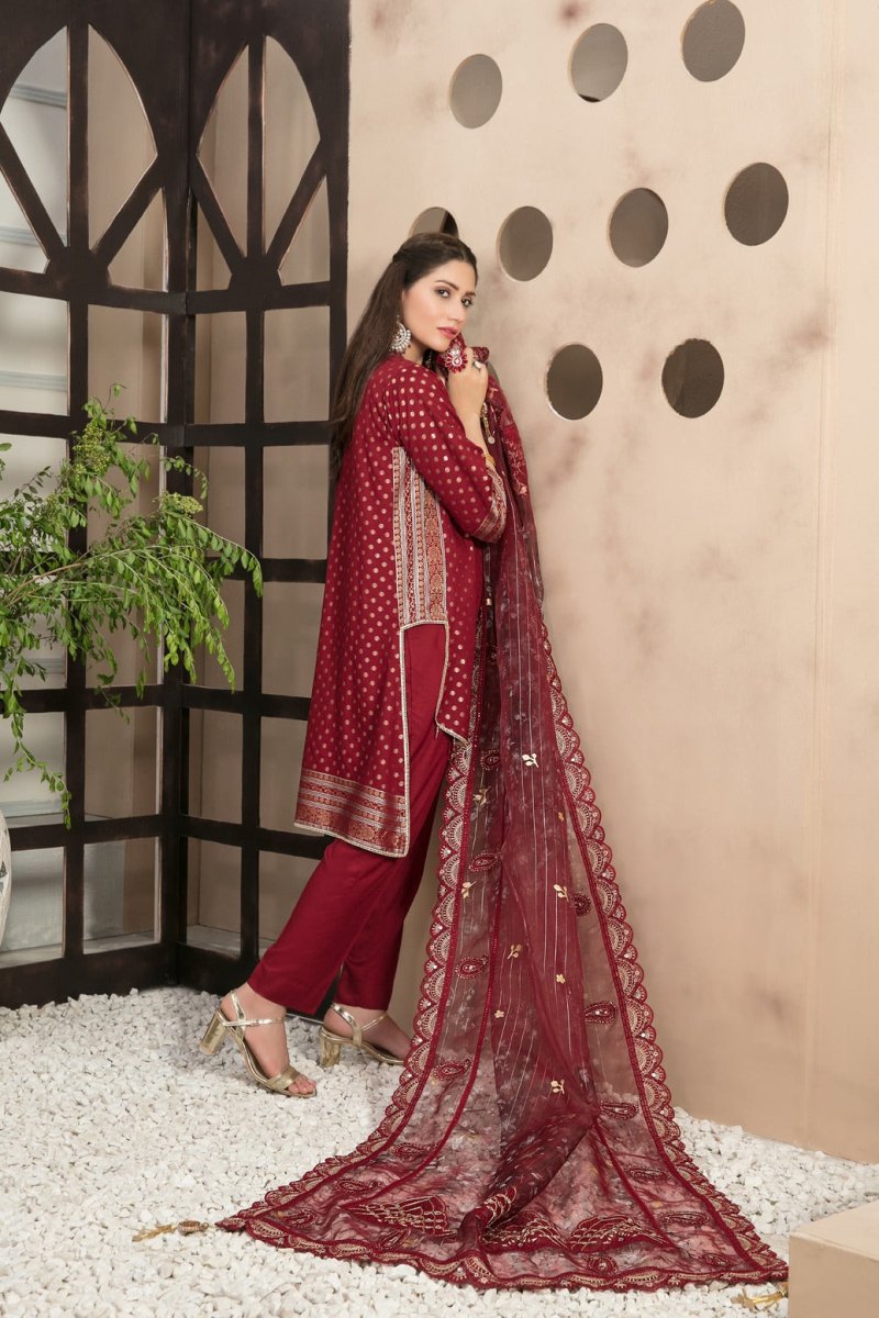 Tawakkal Fabrics 3 Piece Stitched Viscose Banarsi Gala Embroidered Suit D-7446