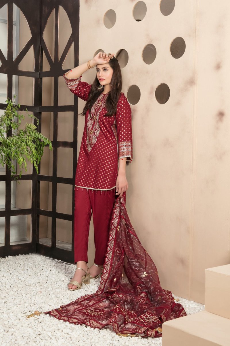 Tawakkal Fabrics 3 Piece Stitched Viscose Banarsi Gala Embroidered Suit D-7446