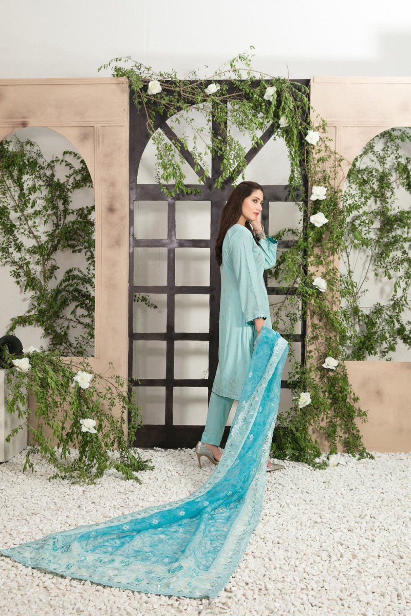 Tawakkal Fabrics 3 Piece Stitched Viscose Banarsi Gala Embroidered Suit D-7450