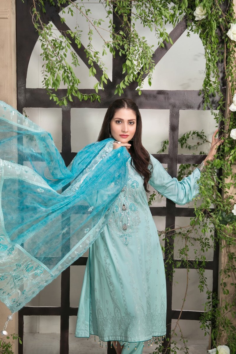 Tawakkal Fabrics 3 Piece Stitched Viscose Banarsi Gala Embroidered Suit D-7450