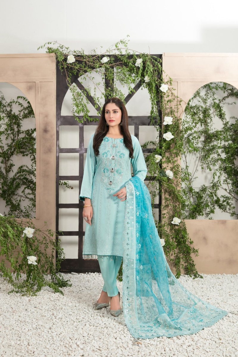 Tawakkal Fabrics 3 Piece Stitched Viscose Banarsi Gala Embroidered Suit D-7450