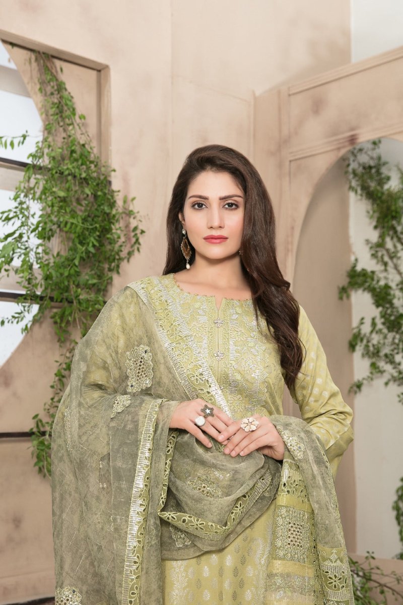 Tawakkal Fabrics 3 Piece Stitched Viscose Banarsi Gala Embroidered Suit D-7451