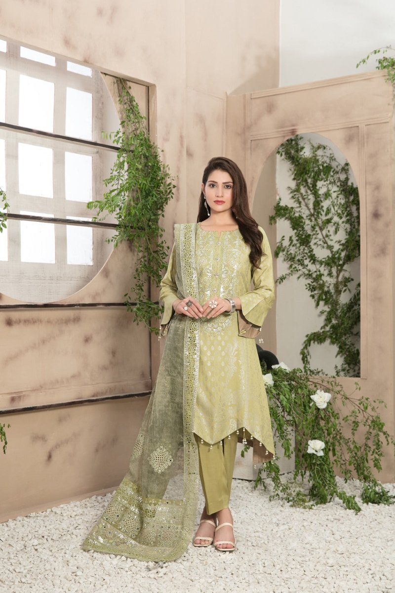 Tawakkal Fabrics 3 Piece Stitched Viscose Banarsi Gala Embroidered Suit D-7451