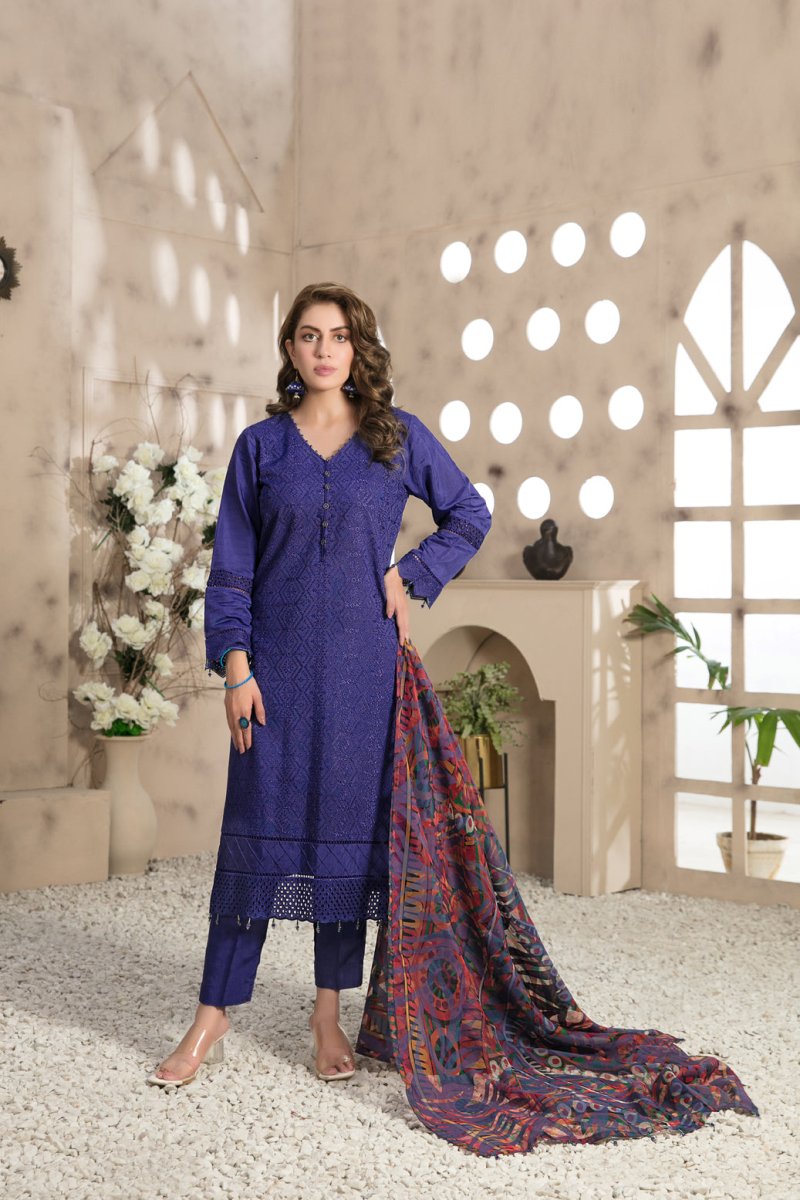 Tawakkal Fabrics 3 Piece Stitched Schiffli Embroidered Viscose Suit D-7498