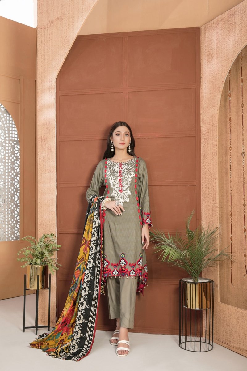 Tawakkal Fabrics 3 Piece Stitched Embroidered Digital Printed Linen Suit D-7531
