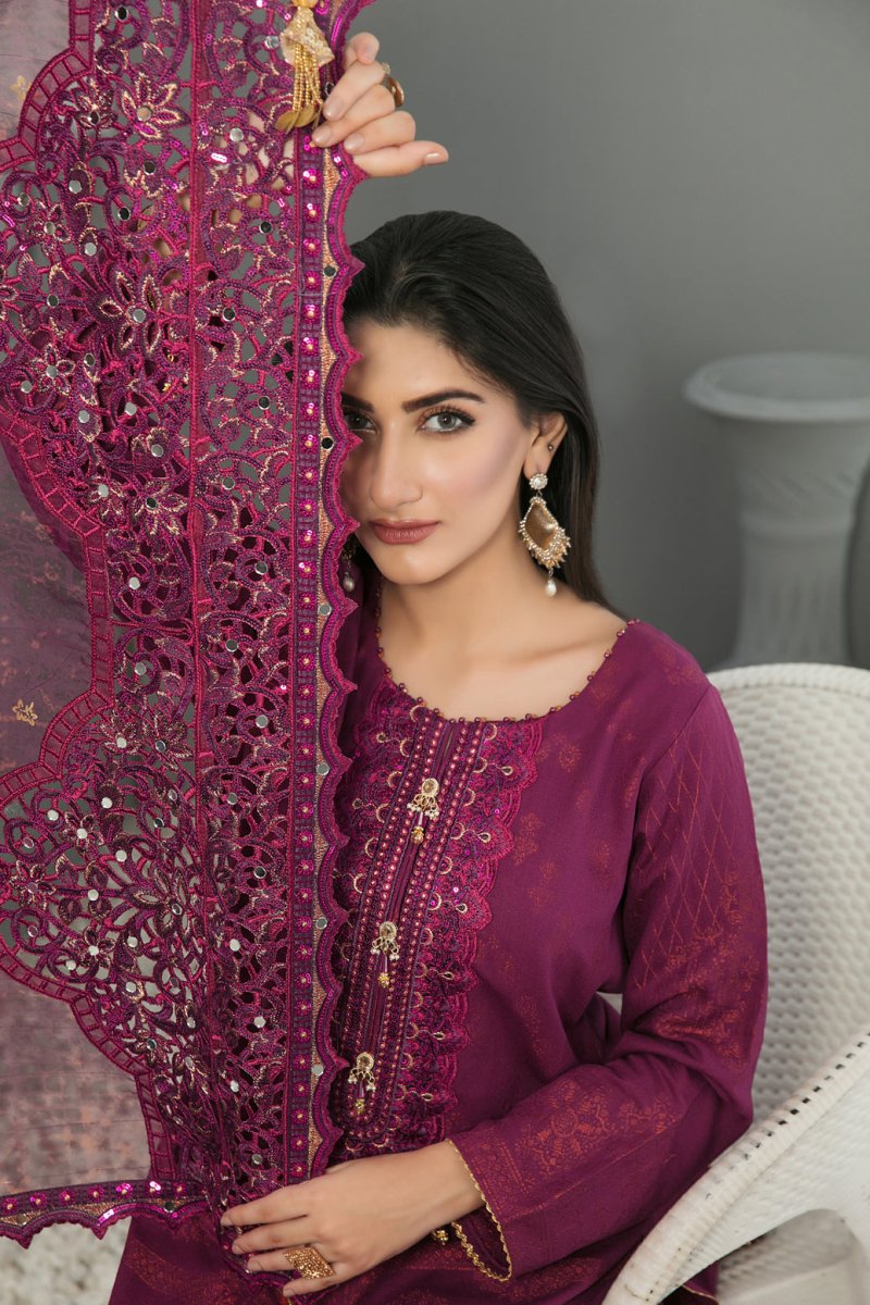 Tawakkal Fabrics 3 Piece Stitched Karrandi Banarsi Gala Embroidered Suit D-7641