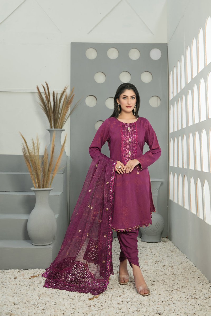 Tawakkal Fabrics 3 Piece Stitched Karrandi Banarsi Gala Embroidered Suit D-7641