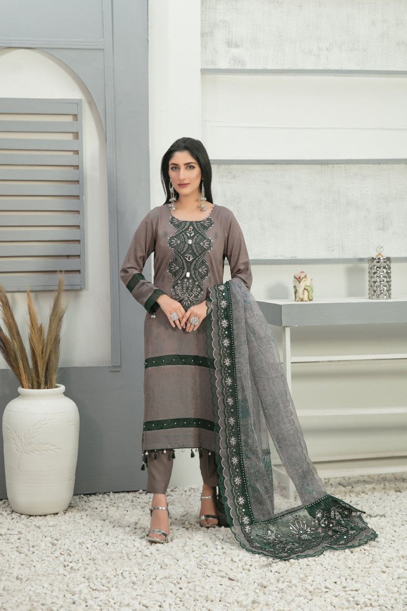 Tawakkal Fabrics 3 Piece Stitched Karrandi Banarsi Gala Embroidered Suit D-7645