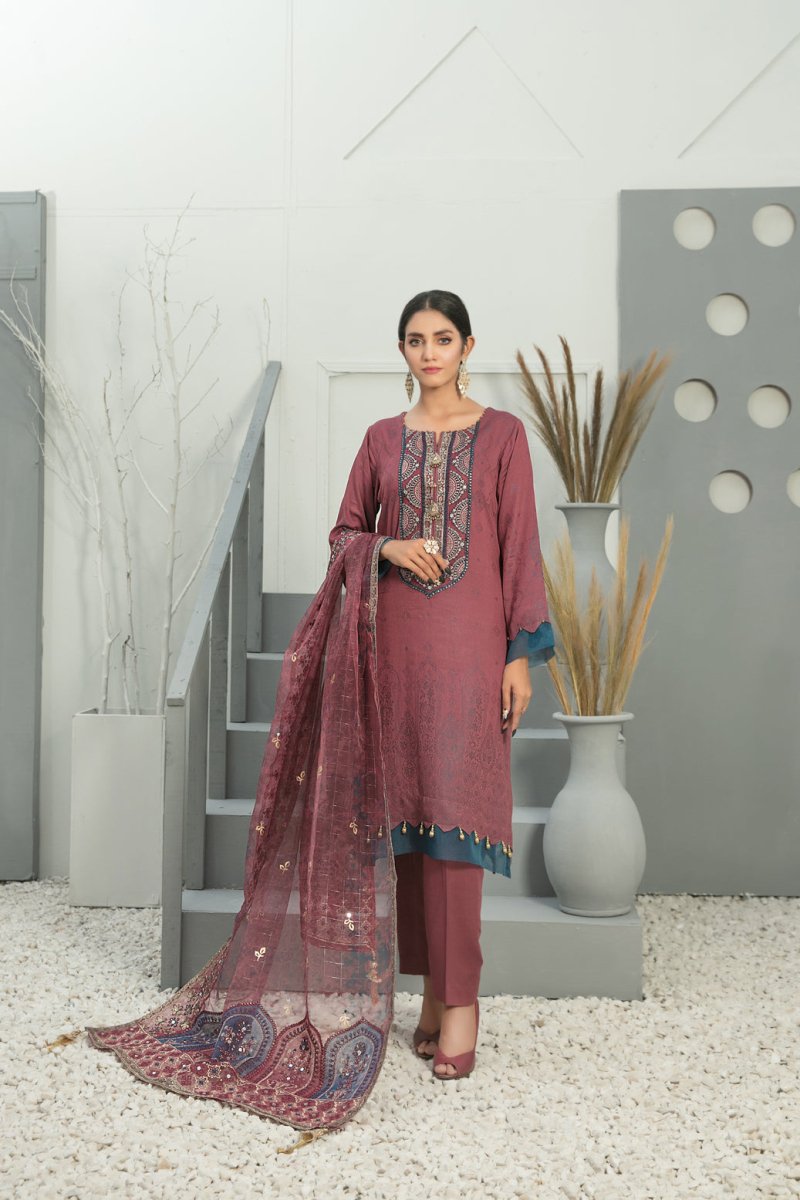 Tawakkal Fabrics 3 Piece Stitched Karrandi Banarsi Gala Embroidered Suit D-7648