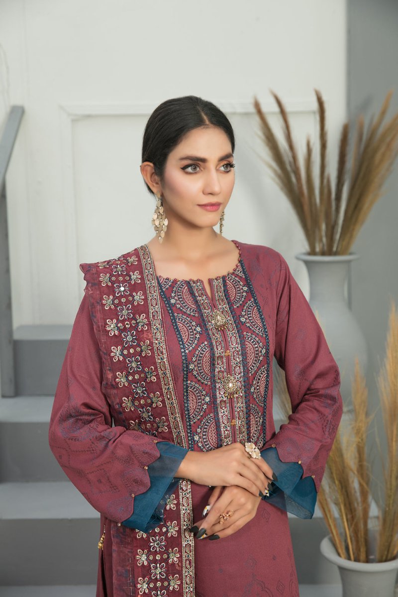 Tawakkal Fabrics 3 Piece Stitched Karrandi Banarsi Gala Embroidered Suit D-7648