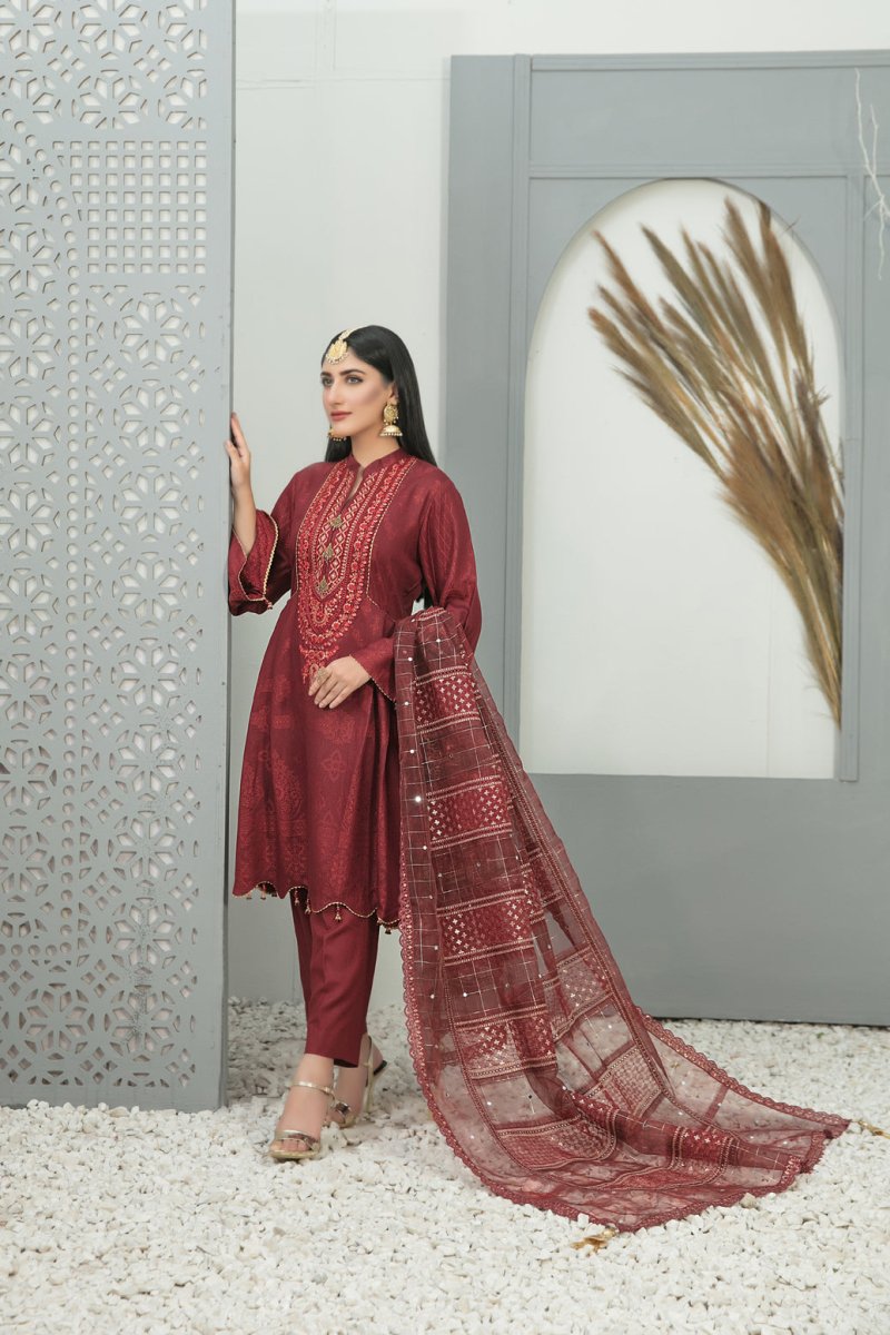 Tawakkal Fabrics 3 Piece Stitched Karrandi Banarsi Gala Embroidered Suit D-7649