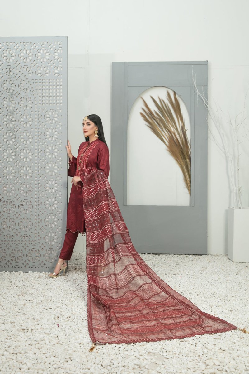 Tawakkal Fabrics 3 Piece Stitched Karrandi Banarsi Gala Embroidered Suit D-7649