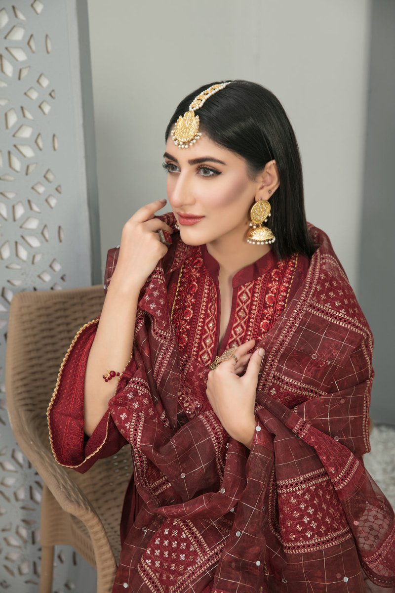 Tawakkal Fabrics 3 Piece Stitched Karrandi Banarsi Gala Embroidered Suit D-7649